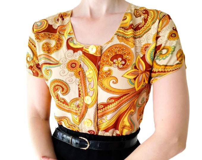 Chemisier Vintage 60s Fait Main – Imprimé Paisley Psychédélique – Style Hippie Chic Flower Power – L/XL (40/42)