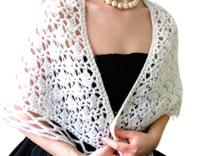 Châle Vintage 70s Crocheté Main Style Édouardien & Années 20, Blanc Cassé, Esprit Cottagecore Champêtre, Laine Légère