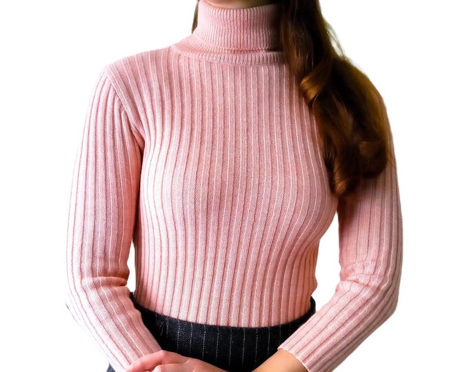 Pull-over Col Roulé Rose Laine Vintage Années 80 – Pull Côtelé – Pull chaud hiver – S/M (36/38)