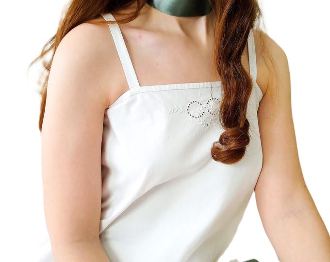 Chemise de nuit ancienne années 20 en coton blanc brodé main - Broderie Coeur - Initiales - Trousseau Mariage - Taille 38/40