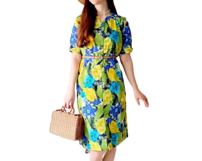 Robe Vintage 80s Esprit Pin-up 40s, Motif Floral Jaune & Bleu, Col Festonné, Coupe Midi, Fabriqué en France, L (40)