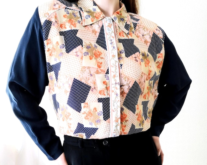 Chemisier Vintage Grande Taille Fabriqué en France, Blouse Patchwork Fluide, Style Bohème Années 70 Floral et Pois, Haut Rétro - XXL (46)