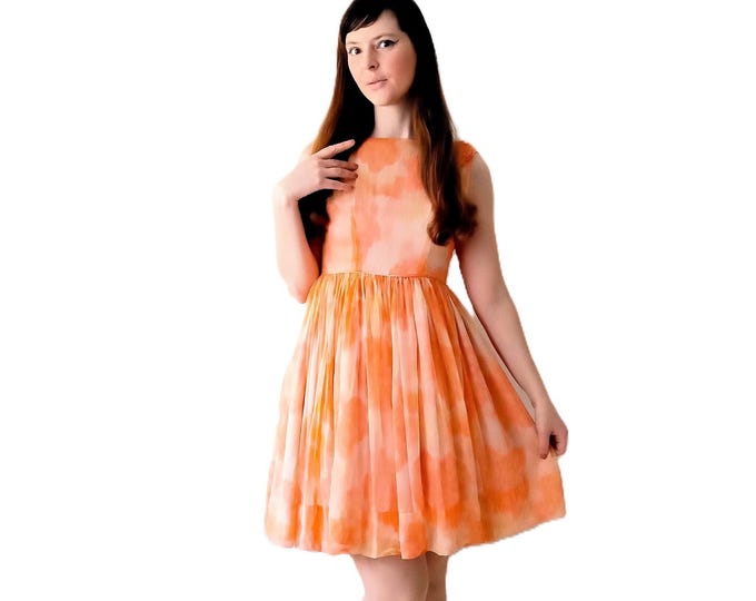 Robe Vintage Années 60 Cocktail en Mousseline Orange Pastel - Robe Corolle Rétro Fleurie - Style Mad Men / Pin-up Véritable - XXS/XS (32-34)