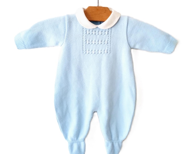 Vintage Knit Blue Baby Romper - Winter Pajama for Newborns - Peter Pan Collar - 0 Months - Traditional Spanish - New Born Gift - 1980s