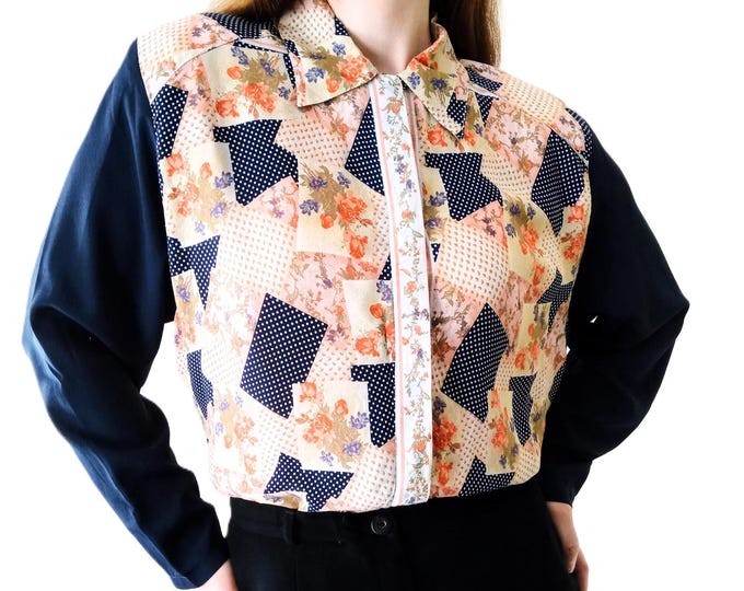 Chemisier Vintage Grande Taille Fabriqué en France, Blouse Patchwork Fluide, Style Bohème Années 70 Floral et Pois, Haut Rétro - XXL (46)