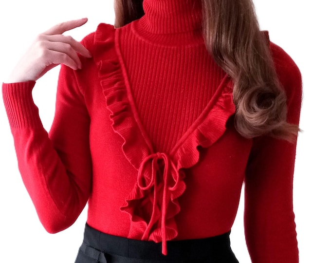 Red Ruffled Frilly Sweater with Corset Effect - Turtle Neck - Romantic Pin-Up Style - S/M