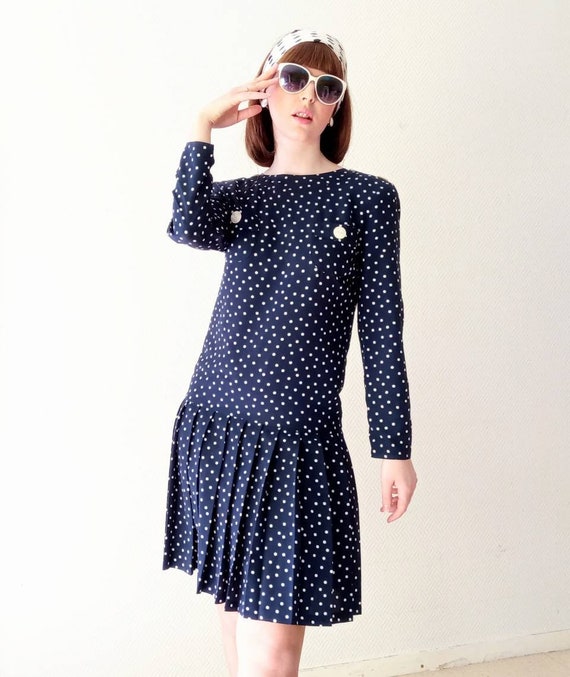 medium size 68 80s polka dot dress 1980s clothing clothes costume fashion vintage womens navy blue elastic cinched waist pinup sundress