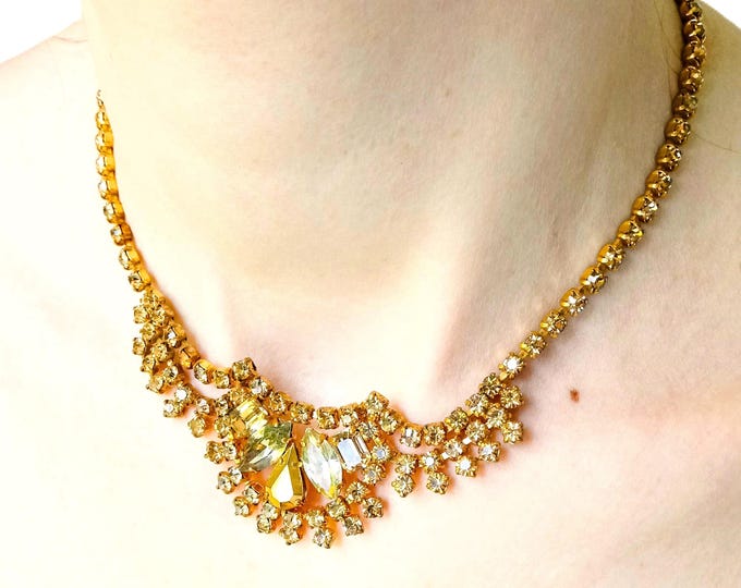 1950's Vintage Rhineston Bib Necklace - Golden Stones - Ancient French Jewelry - Party Ceremony Wedding - Gift For Her