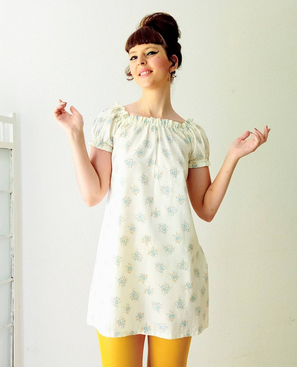Deadstock floral babydoll vintage puff sleeves 60///1960's deadstock