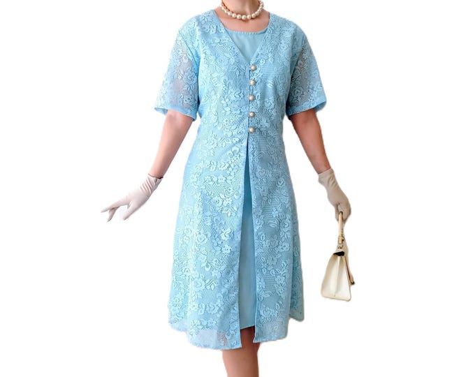 Robe Midi Dentelle Grande Taille Bleu Ciel - Esprit Rétro Années 50 - Cérémonie, Mariage - Deadstock Vintage Années 90 - 5×L (48/50)