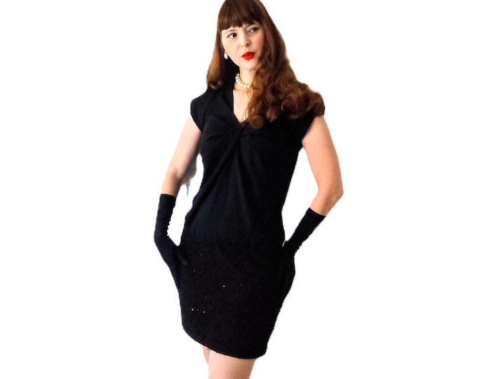 Vintage Black Sequin Evening Dress – tweed skirt – 60s Style – Elegant Festive Dress - M/L (38/40)