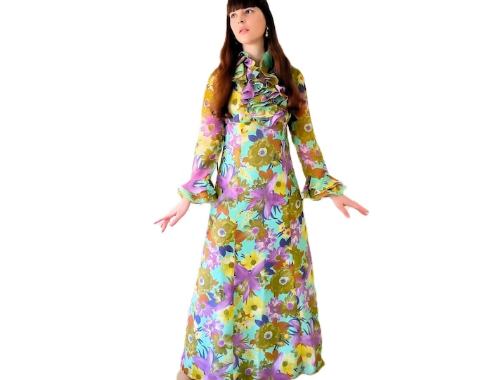 Robe Longue Vintage Fin Années 60 Florale Multicolore – Col Froufrou – Robe de Soirée Rétro Élégante – S (36)