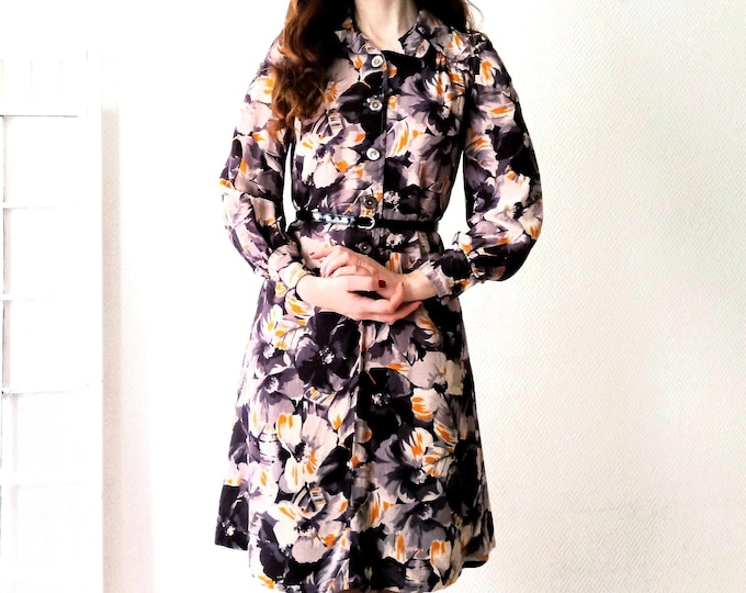 Robe Floral Marron Automnale Rétro - Manches Longues- Longueur Genou - Vintage Années 70 - Taille L (40)