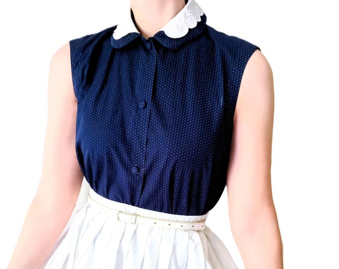 Chemisier Vintage à Pois Bleu Marine - Col Brodé - Style Années 40/50 - 100% Coton - Fabriqué en France - Look Coquette Rétro - L (40)