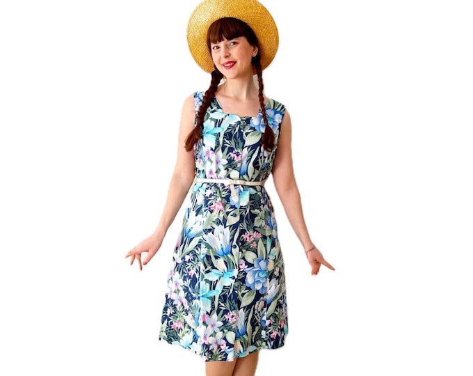 Retro Floral Pin-Up Dress – 1950s Hawaiian Style – Made in France – Vintage 80s - XL