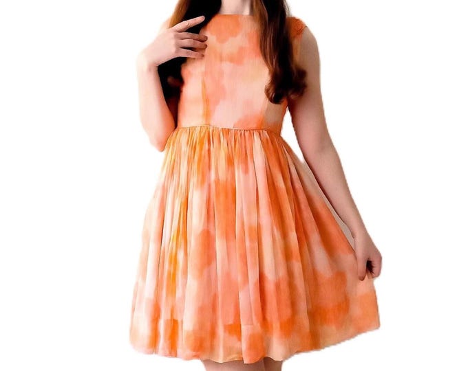 Robe Vintage Années 60 Cocktail en Mousseline Orange Pastel - Robe Corolle Rétro Fleurie - Style Mad Men / Pin-up Véritable - XXS/XS (32-34)