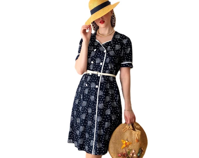 Retro Navy Floral Dress - 1940s Pin-Up style - ww2 reenactment - Vintage 1980's - XL/XXL
