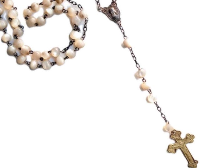 Vintage French 1900 Catholic Rosary – White Nacre Beads – Authentic Religious Gift