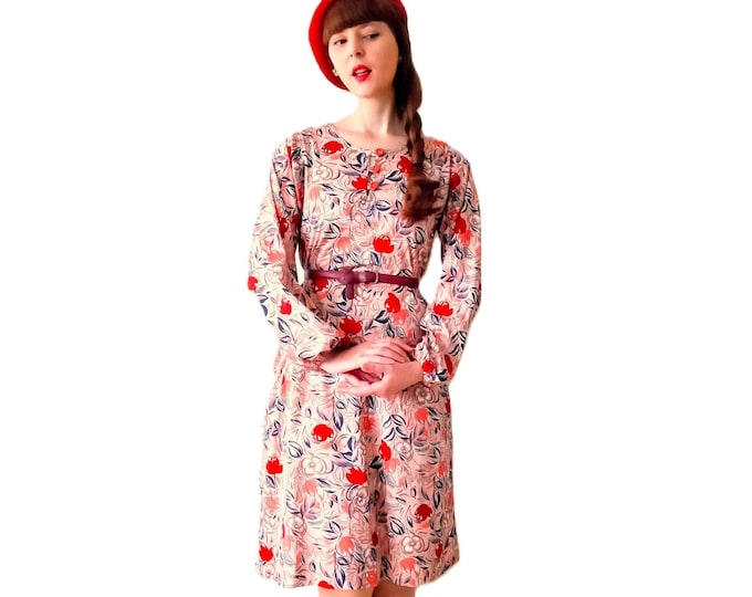 Robe Rétro Automnale Manches Longues - Motif Feuilles et Fleurs – Vintage années 70 – Esprit Années 40 – Taille XL (42)