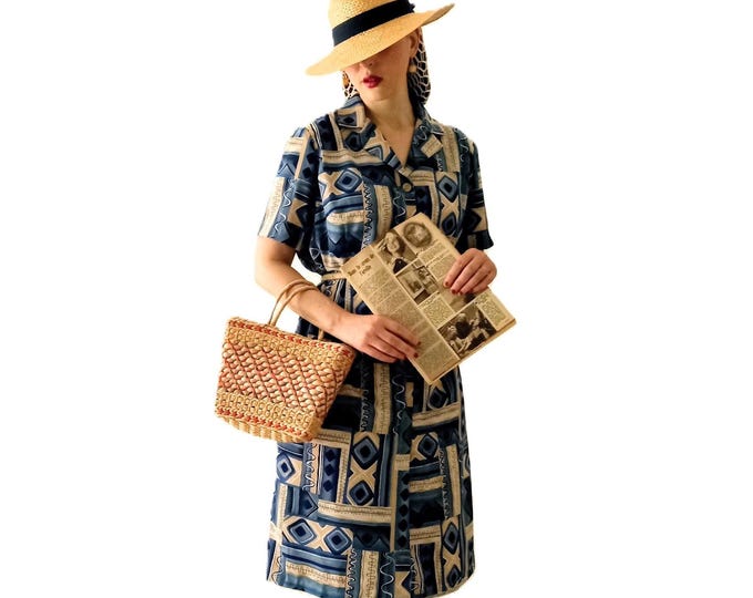 Plus Size Midi Retro Dress with Graphic Prints – 1940s Inspired - Vintage 80s Style – Elegant Button-Down Dress – XXXL