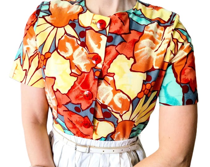 Chemisier Vintage Solfin Années 80 - Motif Floral Coloré - Pur Coton - T38