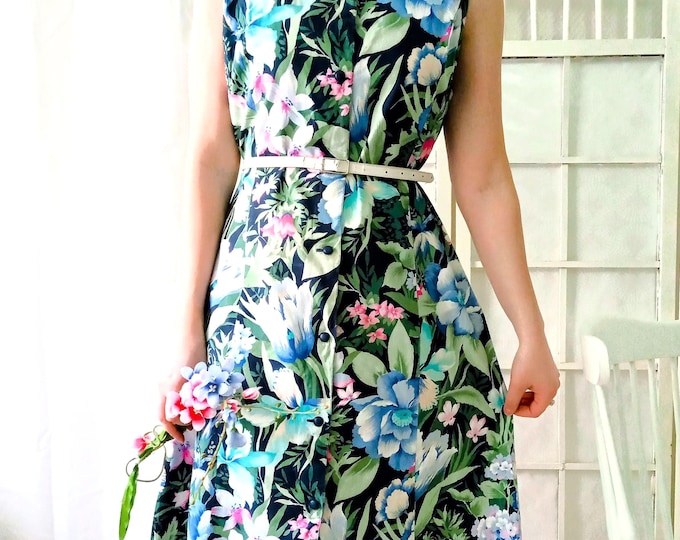 Robe Rétro Floral Esprit Pin-up - Style Hawaïen années 50 - Fabriqué en France - Vintage Années 80 - XL (42)