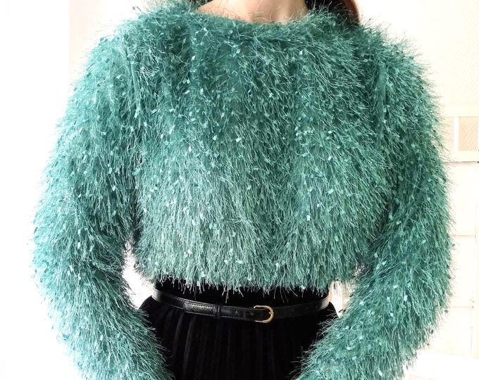 Pull-over Vert Mailles Poilues Rétro - Esprit Festif, Pull de Noël - Vintage Années 90 - Fabriqué en Italie - L (40)