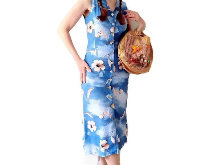 Robe Longue Vintage Années 90 Style 50s Motif Floral Poétique Bleu et Blanc Viscose Made in France S (36)