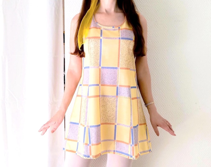 Robe chasuble vintage 70s style années 60 yéyé Mondrian Janine Pauporté jaune carreaux rétro mi-longue XXL (44)
