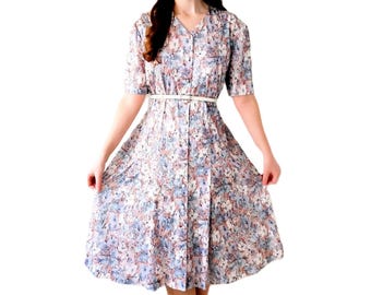 70s Vintage Floral Dress Grey Pink – 40s Inspired Retro Elegant Long Dress – 3×L/4×L