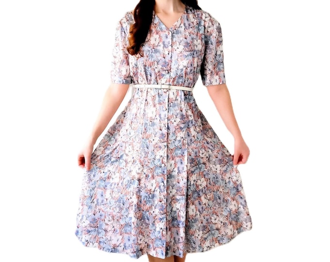 Robe Midi Vintage Années 70 à Fleurs Gris et Rose – Style Rétro Années 40 Élégante – Grande Taille 3XL/4XL (46/48)
