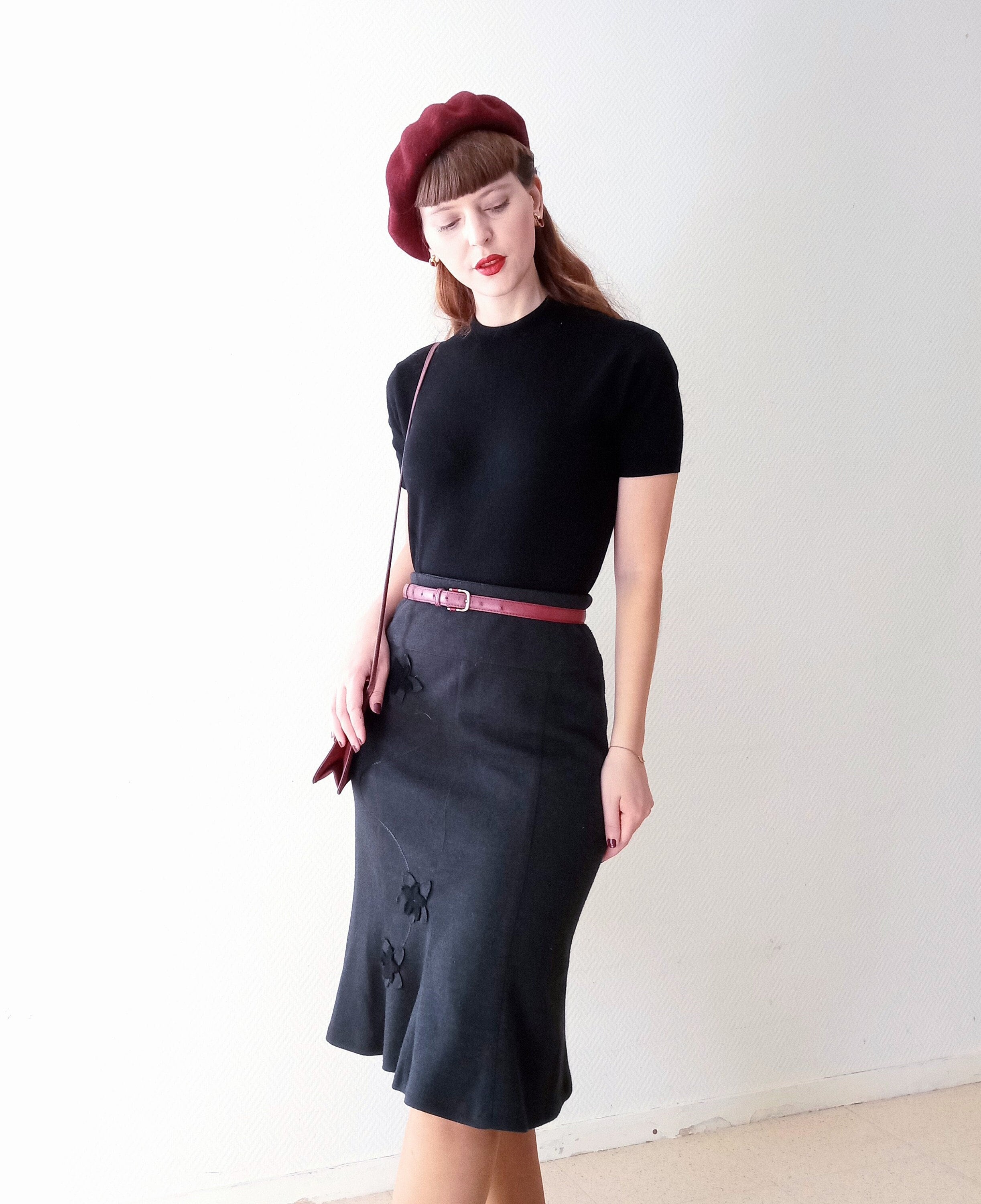 Vintage 90s XS S embroidered black wool winter skirt Vintage 1990 s XS S embroidered black wool winter skirt