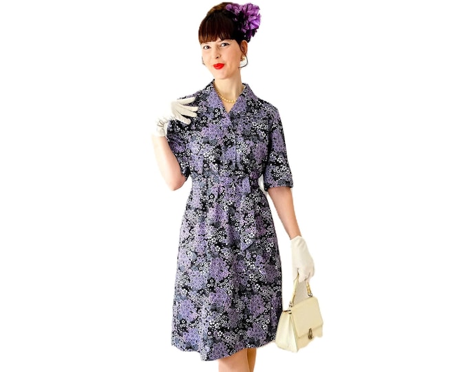 Robe Florale Vintage Années 70 – Style Années 40 Imprimé Hortensias Mauves – Avec Ceinture – XXL(44)