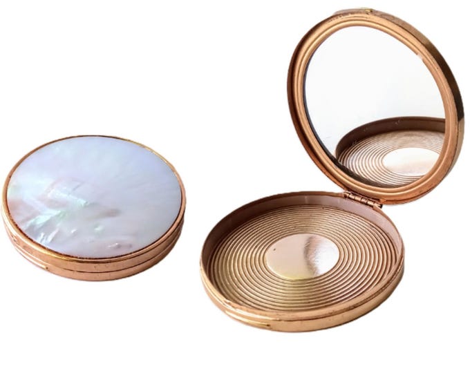 1950s Mother of Pearl Powder - Mirror Pocket - Mid Century Vintage - Brass Golden - Gift For Her Woman - Nostalgic Memory