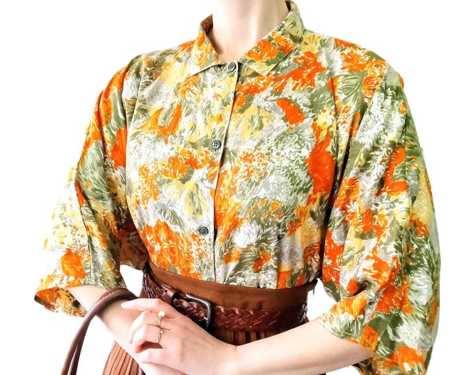 Chemisier Grande Taille Vintage - Motif Floral Orange Vert - 100% Viscose - T54 (6×L)
