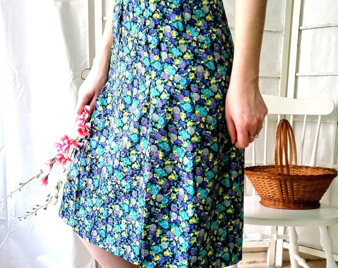 Jupe Vintage Fleurie Années 70 - Soie - Longueur Sous Genoux - Style Rétro Pinup - Reconstitution Années 40 - L/XL (40/42)