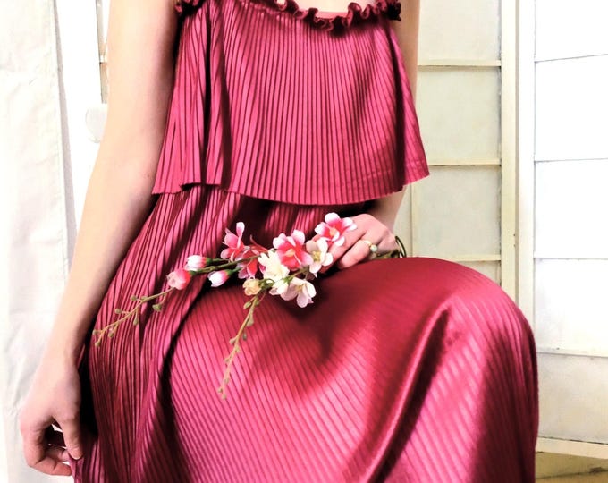 Robe Soirée Longue Rose Satinée - Froufrou - Vintage Années 70 - Esprit Disco, Fête, Cérémonie - M/L (38/40)