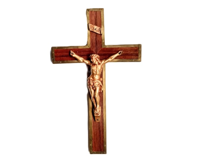 French Antique 1920's Wall Crucifix – Art Deco Religious Decor – Brass and Wood – Spiritual Gift