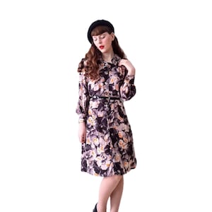 Sukienka Retro Fall Brown Floral - Długie rękawy - Długość do kolan - Vintage 70s - Rozmiar L (40)