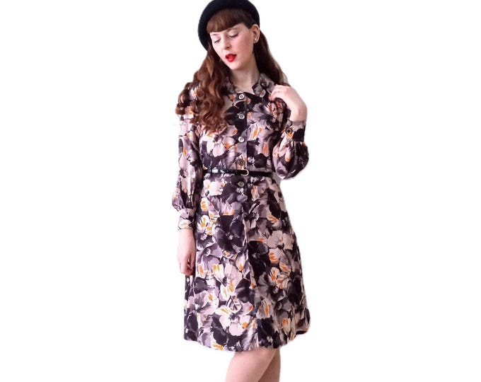 Retro Autumn Brown Floral Dress – Long Sleeve – Knee-Length – Vintage 70's – Size L