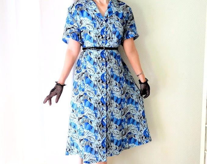Robe Chemise Grande Taille Vintage 80s Bleue à Fleurs - Style Rétro Inspiration 40s 3×L (46)