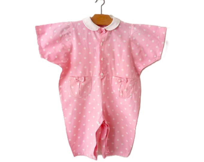 Vintage Pink Polka Dot Romper for Baby Girl - Summer Pajama - Peter Pan Collar - 1 Year Old - Short Sleeves, Footless - 1980's