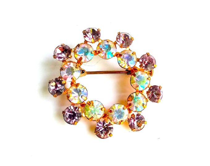 Vintage Aurora Borealis Rhinestone Brooch - 1950's Costume Mid-Century Jewelry  - Sparkling Golden Circle Brooch - Christmas Woman Gift