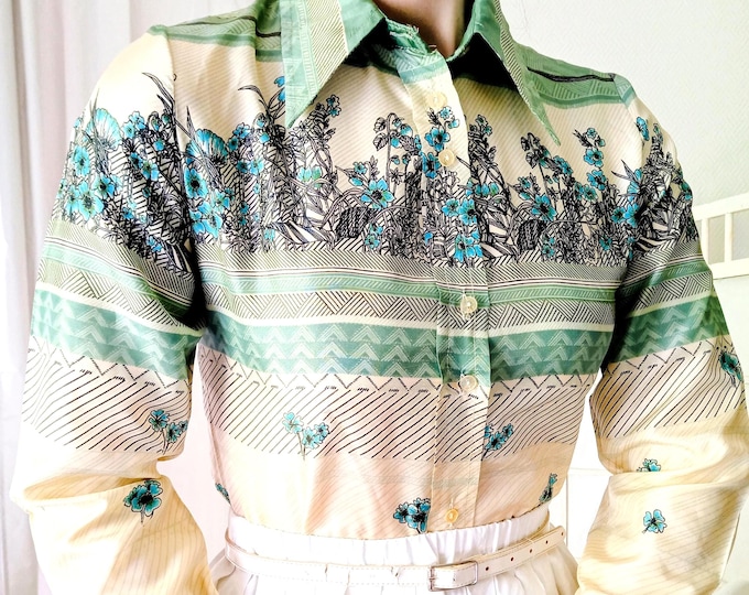 Chemisier Vintage 70s en Soie - Motif Floral et Géométrique Vert Amande & Turquoise - Col Pointu - Style Rétro Chic - S/M (36/38)