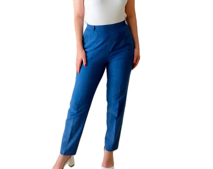 Women's Classic Weill Blue Trousers High Waist - Elegant Work Pants - Elegant Office Look -90s Vintage  - L/XL
