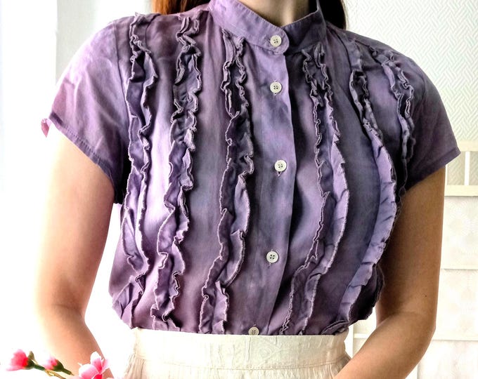 Chemisier Violet Froufrou Rétro - Marque Benetton - En Coton - Esprit Pin-up Années 50 - Vintage Années 90 - Taille L (40)