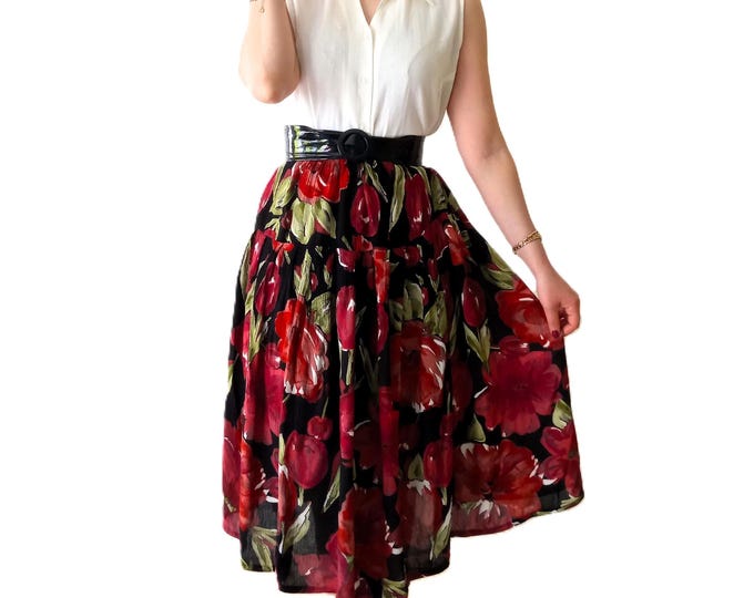 Pin-Up 50's Style Floral Midi Skirt – Made in France – Retro Vintage 90s – One Size