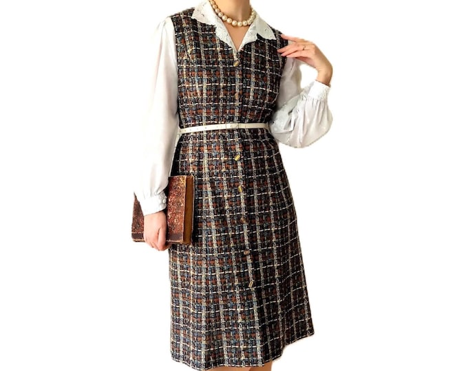 Robe Midi Rétro Carreaux Marron Sans Manche – Vintage Années 80 – Style Années 50 Rockabilly Pin-Up – XL(42)