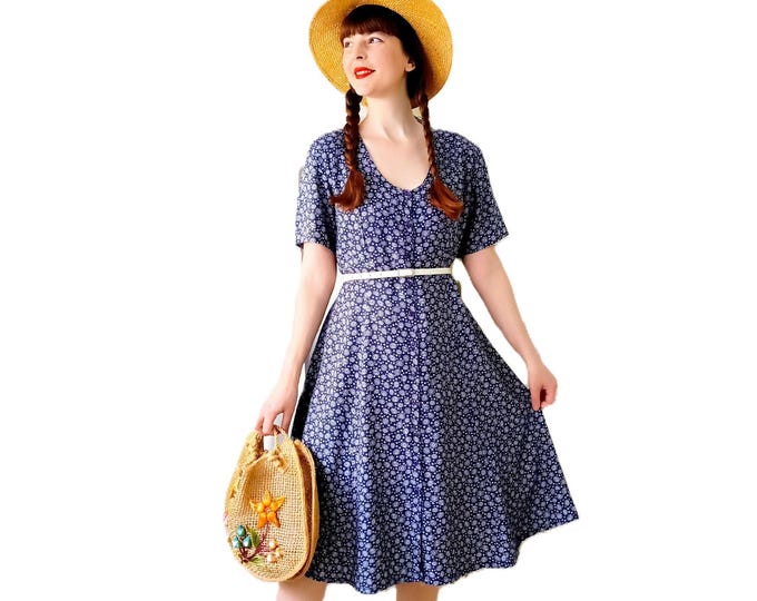 Robe Midi Vintage Années 90 Style 40s Motif Marguerite Marine et Blanc Robe de Jour Utilitaire XL/XXL (42/44)