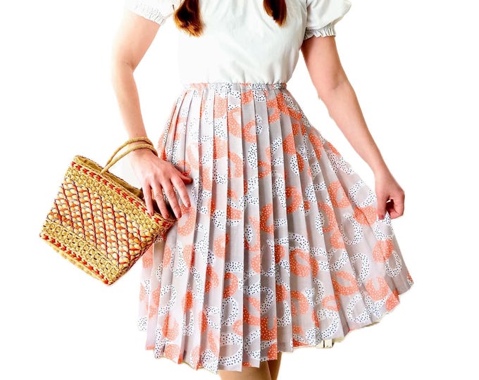 Jupe Plissée Vintage Années 80 Style 40s 50s Motif Abstrait Saumon et Pois Pin-up Rockabilly XL/XXL (42/44)
